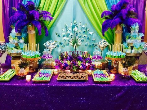 Check out this incredible Peacock themed Birthday Party!! Love the dessert table!! See more party ideas and share yours at CatchMyParty.com Peacock Theme Birthday Party, Peacock Theme Birthday Party Decoration, Peacock Party Theme Decoration, Peacock Birthday Party Decorations, Peacock Party Ideas, Peacock Decorating Ideas, Peacock Theme Decoration, Peacock Theme Party, Peacock Party Theme