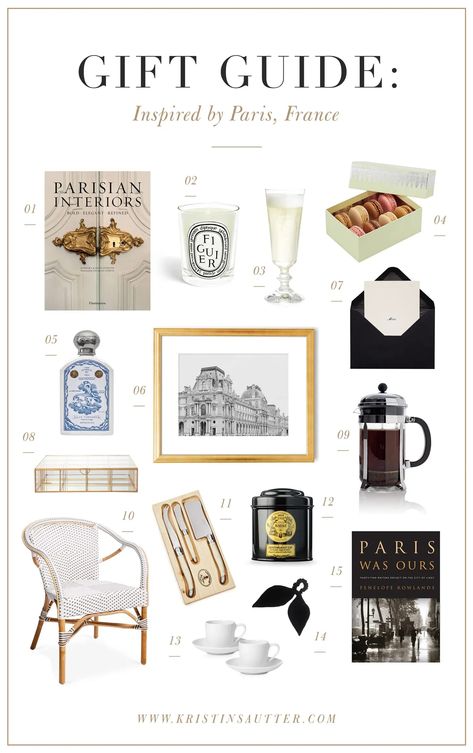 Paris Inspired Gift Guide | Gifts for Francophiles | Gifts for French Girls | Christmas Gift Guide | Holiday Gift Guide | Francophile Gift Guide Classic Gift Ideas, Gifts For Interior Designers, Gifts From Paris, Luxury Gifts Aesthetic, Francophile Gifts, French Products, Luxury Gift Ideas, Paris Interiors, Gifts Luxury