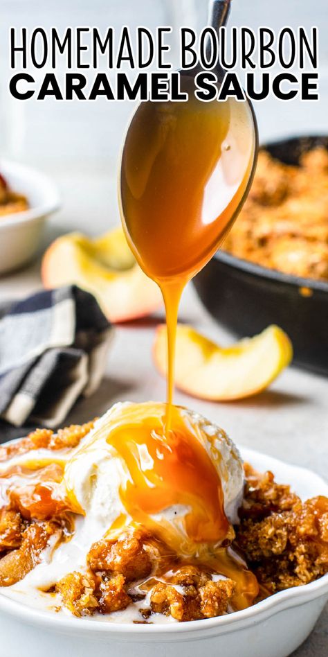 Bourbon Caramel Sauce is a rich, easy-to-make topping with sweet, salty, and smoky flavors that's perfect for all of your favorite desserts! #BreadBoozeBacon #bourbon #caramel #sauce #whiskey #caramelsauce #dessert #sundae #thanksgiving #foodiegift Bourbon Salted Caramel Sauce, Whisky Caramel Sauce, Maple Bourbon Caramel Sauce, Beer Caramel Sauce, Bourbon Reduction Sauce, Caramel Bourbon Sauce, Whiskey Caramel Sauce, Burblonc Sauce, Maple Bourbon Dessert