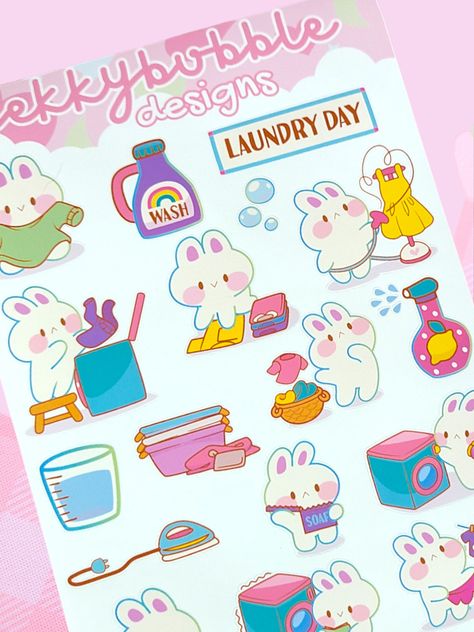 Laundry Bun Sticker Sheet ♡  Characteristics  ♡ Comes with 17 adorable stickers! ♡ Material: Matte sticker paper ♡ Water-resistant and tear-resistant ♡ Makes a lovely gift ♡ Use to brighten up a page in a planner or notebook! Or to add extra lil details in a room ♥  A Note from Me to You  ♡ Colors may vary slightly due to screen settings ♡ Each sticker may look slightly different than the photo ♡ Not recommended for use on cars or water bottles ♡ If you have any concerns regarding your order, please don't hesitate to reach out to me!♡  Shop Policies  ♡ All orders come in adorable packaging with a cute lil sticker gift ♡ Orders are shipped Monday through Saturday with tracking ♡ My turnaround time is typically 48 hours (not including in transit time) ♡ Once shipped, USPS in transit time may Stationary List, Laundry Illustration, Kawaii Sticker Sheet, Sticker Inspo, Adorable Stickers, Kawaii Sticker, Food Clipart, Etsy Ideas, Sticker Cute