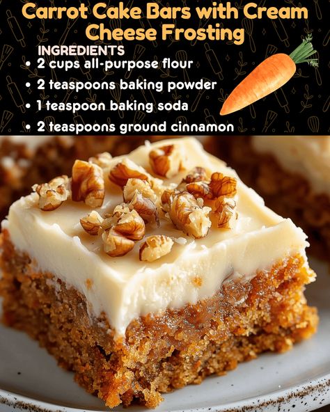 Carrot Cake Bars with Cream Cheese Frosting Carrot Cake Bars With Cream Cheese, Carrot Cake Bars Recipe, Carrot Cake Recipe Homemade, Easy Pumpkin Bars, My Heavenly Recipes, Bars With Cream Cheese Frosting, Homemade Strawberry Cake, Cake Bars Recipe, Bars With Cream Cheese