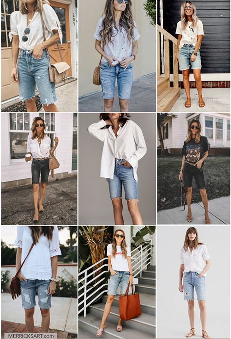 Trying to figure out how to wear bermuda shorts? They can be tricky! These shorts outfit ideas will help you wear them confidently and feel stylish. Shorts Shorts Outfit, Capri Shorts Outfit, Jean Bermuda Shorts Outfit, Long Shorts Outfits Women, Denim Bermuda Shorts Outfit, How To Wear Bermuda Shorts, How To Style Bermuda Shorts, Bermuda Shorts Outfits, Beach Shorts Outfit