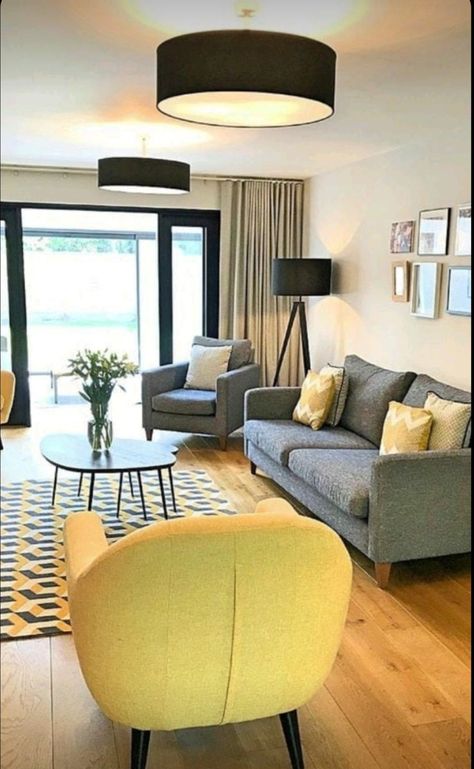 Living Room Design Yellow, Grey And Yellow Living Room, Yellow Decor Living Room, Sofa Arrangement, Living Room Decor Gray, Yellow Living Room, Living Room Sofa Design, Living Room Design Decor, Living Room Decor Modern