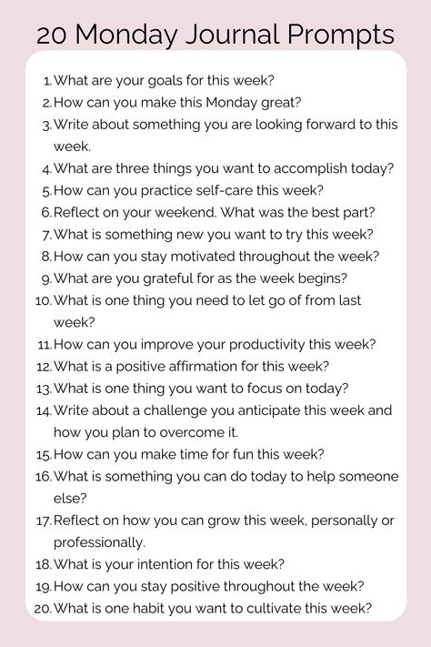 Journaling is a transformative practice that allows you to capture your thoughts, reflect on your life, and set goals. Starting your week with Monday journaling can be particularly powerful. It will enable you to reset, plan, and prioritize your tasks, giving you a clear direction. This habit helps reduce stress, increase productivity, and foster a positive mindset for the week ahead. Embrace Monday journaling to boost your focus, clarity, and overall well-being. Monday Journaling, Monday Journal Prompts, Monday Reset, Monday Journal, Journaling Prompts, Increase Productivity, Set Goals, Setting Goals, Journal Prompts