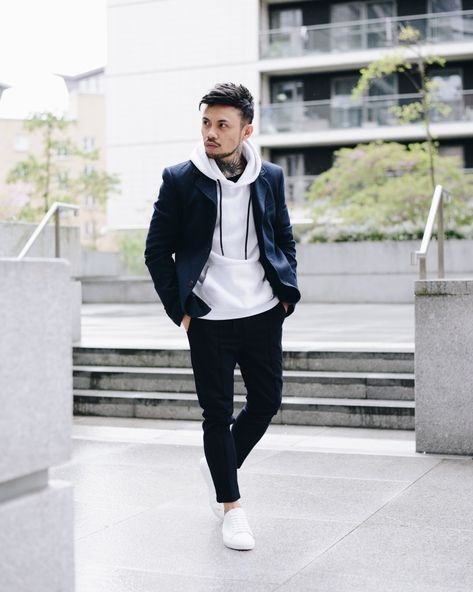 Hoodie Under Blazer Outfit Men, White High Neck Outfit Men, Blazer Hoodie Outfit Men, Blazer And Hoodie Outfit Men, Hoodie With Blazer Outfit Men, Blazer With Hoodie Men, Nike Blazers Men Outfit, Blazer And Hoodie Outfit, Hoodie Blazer Outfit