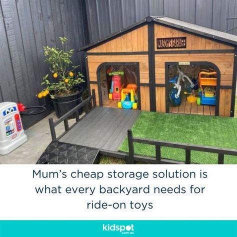 Outdoor Toy Garage, Toy Sheds Outdoor Storage, Outdoor Storage For Kids Ride On Toys, Power Wheels Storage Outdoor, Outdoor Toy Car Storage, Kids Outdoor Toy Storage, Ride On Toy Storage, Power Wheels Storage, Backyard Toy Storage