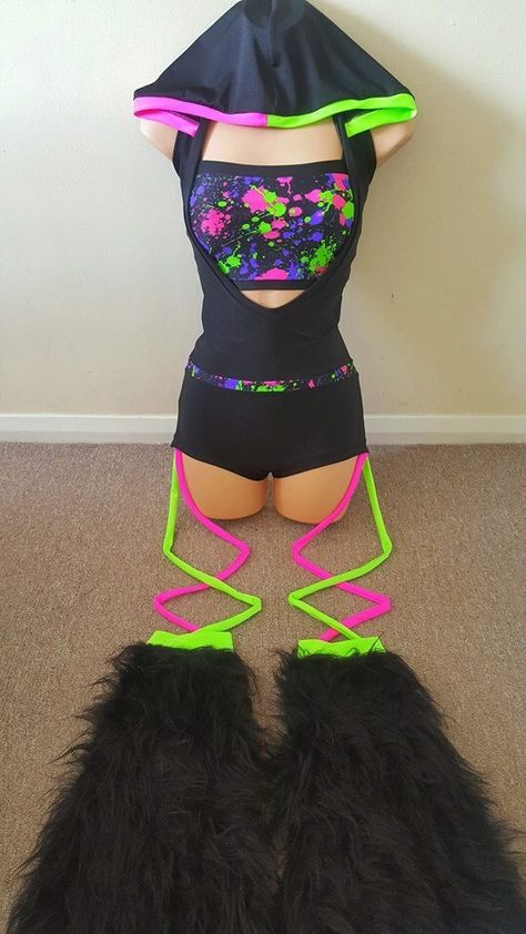 Rainbow splat romper including leg wraps and fluffies from www.cyberfyber.co.uk perfect for raving, festivals, summer, parties, fancy dress, alternative clothing. Leg Wraps, Dress Alternative, Wrestling Gear, Festival Costumes, Edm Festival, Alternative Clothing, Rave Wear, Pole Dance, Summer Parties