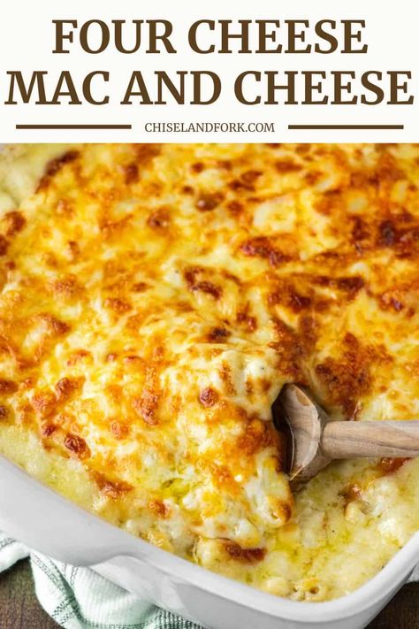 Indulge in this creamy, comforting four cheese mac and cheese made with a rich blend of cheddar, mozzarella, fontina and Gruyère. #fourcheesemacandcheese #macandcheese #macaroniandcheese | chiselandfork.com Mac And Cheese Fontina, Four Cheese Macaroni And Cheese, Four Cheese Mac And Cheese, Gruyere Mac And Cheese, Fancy Mac And Cheese, Gourmet Mac And Cheese, Cheese Mac And Cheese, Cupcake Project, Best Mac N Cheese Recipe