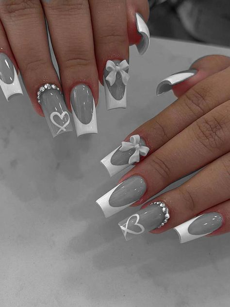 Gray Birthday Nails, Gray And Pink Nails Ideas, Grey And Pink Nails, White Nail Ideas, Bow Nail Designs, Bow Nails, Grey Nails, Bow Nail, Girly Acrylic