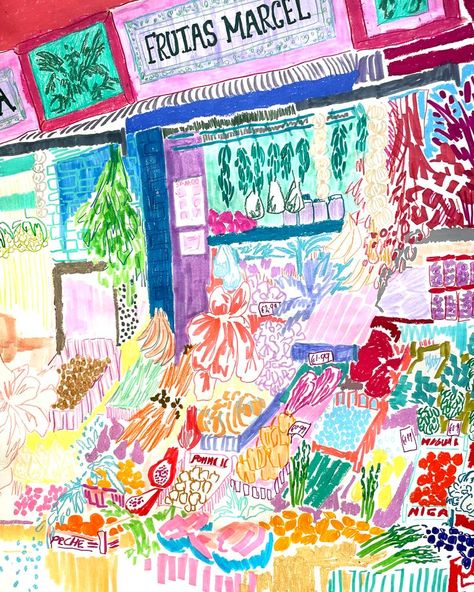 Color pen illustration of fruit market in Seville, Spain. Pen art drawing uses marker pens, posca pens, coloring pencils and oil pastels. Illustration Markers Art, Colorful Marker Drawing, Coloured Pen Art, Pastel Marker Art, Marker And Pen Art, Colorful Pen Art, Marker And Colored Pencil Art, Colour Pen Art, Acrylic Pen Art Ideas