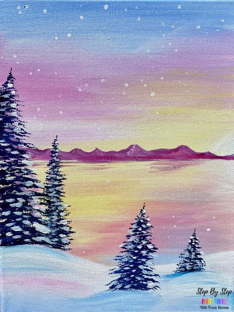 Pastel Winter Sunset Members Exclusive Tutorial Winter Sunset Painting, Mountains Background, Pastel Winter, Sunset Acrylic Painting, Sunset Watercolor, Sunset Acrylic, Sunset Painting Acrylic, Winter Landscape Painting, Pastel Gradient