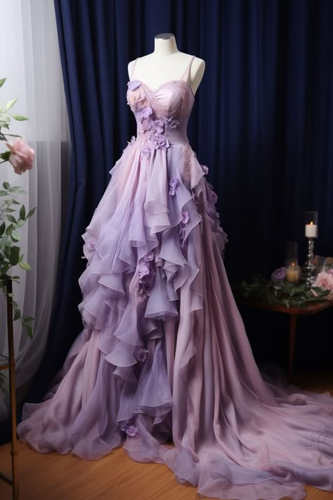 Lavender flower inspired gown Purple Flowery Dress, Tangled Inspired Prom Dress, Tangled Inspired Dress, Rapunzel Dress Inspired, Rapunzel Prom Dress, Rapunzel Moodboard, Beautiful Gowns Princesses, Rapunzel Gown, Purple Fantasy Dress