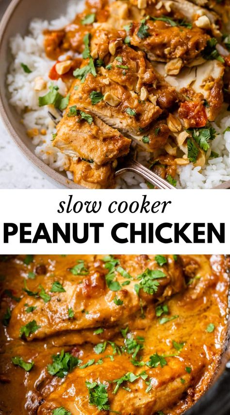 Enjoy mouthwatering Slow Cooker Peanut Chicken for hands-off weeknight meals! With only 5 minutes of prep time and drenched in a Thai-inspired peanut sauce, it’s an easy chicken dinner that’s packed with flavor and protein. Easy Healthy Fall Dinners, Peanut Miso Chicken Crockpot, Crockpot Peanut Chicken, Unique Supper Ideas, Slow Cooker Peanut Chicken, Factor Meal Recipes Copycat, Crockpot Chicken Recipes 8 Hours, Slow Cooker Meals For Two, Health Crockpot Meals