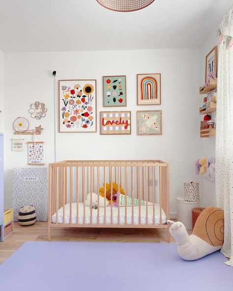 Mixed Pattern Nursery, Colourful Gender Neutral Nursery, Nursery Ideas Colourful, Bright Baby Nursery, Fun Nursery Themes, Girl Nursery Colorful, Colourful Baby Nursery, Baby Girl Nursery Colorful, Colorful Girls Nursery