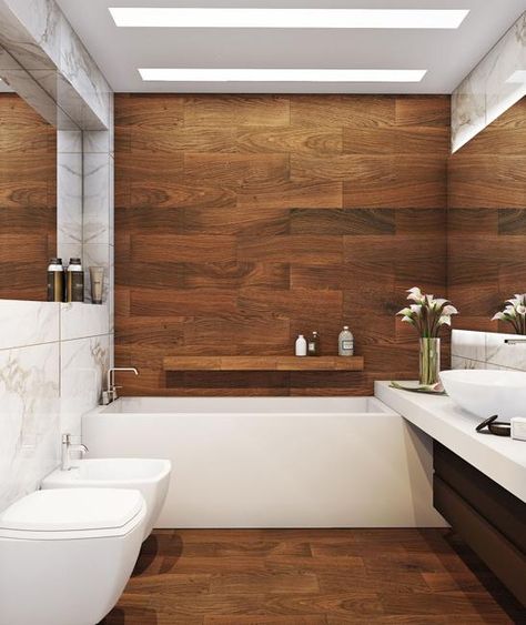 modern interiors created with wood furniture, wooden walls and flooring ideas Wood Tile Bathroom, Bilik Mandi, Wooden Bathroom, Wood Look Tile, Trendy Bathroom, Wood Bathroom, Bathroom Layout, Wood Tile, Beautiful Bathrooms