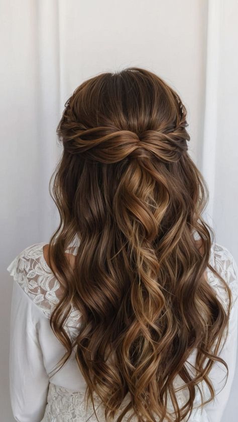 Discover the best bridesmaid hairstyles for long hair that are perfect for weddings From simple half updos to elegant updo curls loose curls side braids and boho styles find the ideal look for your bridal party Whether you prefer a Brunette Simple Side or Easy style these half up half down styles are versatile and chic Prom Hairstyles With Hair Clip, Twisted Half Up Wedding Hairstyle, Pretty Hairstyles For Weddings, Half Up Easy Wedding Hair, Wedding Hairstyles For Bride Brown Hair, Prom Hairdos Half Up Half Down, Wedding Hair Bride Brunette, Cute Curled Hairstyles For Long Hair Half Up Half Down, Half Up Half Down Wedding Hair Bridesmaid Simple