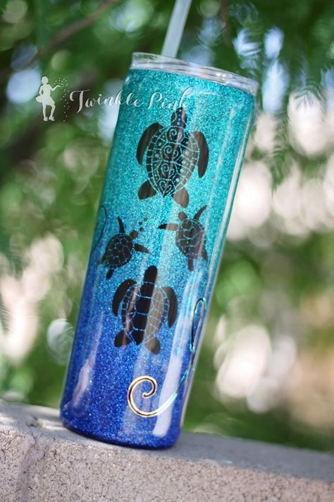 Blue and Teal Sea Turtle Glitter Tumbler | Ombre Glitter | Skinny stainless steel tumbler | Turtles Cruise Cups, Beach Tumblers, Turtle Stuff, Yeti Cups, Tumbler Glasses, Epoxy Tumbler, Ombre Glitter, Glitter Tumbler Cups, Glitter Tumblers