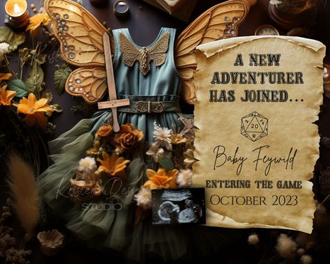 Dungeons and Dragons Feywild Pregnancy Announcement | DND Fairy Digital Birth Announcement Social Media | Magical Fantasy Witchy Baby Girl Fairy Themed Gender Reveal, Dnd Pregnancy Announcement, Bookish Baby Announcement, Witchy Baby Announcement, Book Baby Announcement, Dnd Baby Announcement, Lord Of The Rings Pregnancy Announcement, Witchy Pregnancy, Social Media Gender Reveal