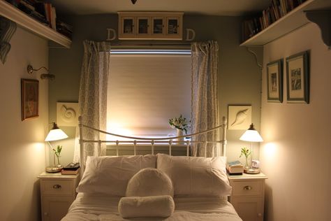 The very small double bedroom in this 50 square metre seaside cottage on the North Sea coast.  Farrow and Ball light blue on window wall and bedstead from John Lewis. Box Room With Double Bed Ideas, Small Double Bedroom Designs, Double Window Bedroom Ideas, Double Bed In Small Bedroom, Box Room Double Bed, Small Double Room Ideas, John Lewis Bedroom, Box Room Double Bed Ideas, Small Bedroom With Double Bed Ideas