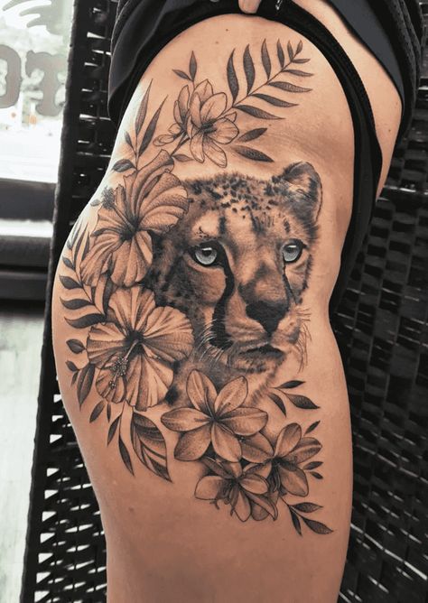 Cheetah Tattoo Design Images (Cheetah Ink Design Ideas) Cheetah Tattoo On Thigh, Leopard Hip Tattoos Women, Leopard Tattoo On Thigh, Cheetah Tattoo Leg, Cheetah Flower Tattoo, Cheetah Tattoos For Women, Cheetah Shoulder Tattoo, Cheetah Tattoo For Women On Thigh, Cheetah Thigh Tattoo