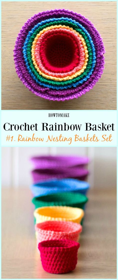 Rainbow Basket, Crochet Basket Pattern Free, Nesting Baskets, Crochet Rainbow, Crochet Basket Pattern, Kawaii Crochet, Rainbow Crochet, Manta Crochet, Crochet Basket