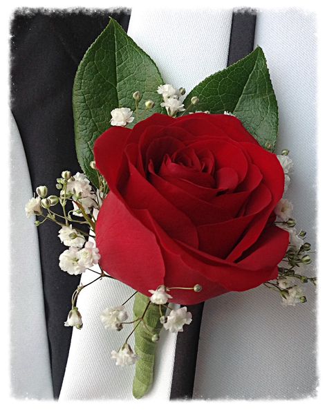 Red rose and baby's breath with a bit of greenery for guys Boutonnieres idea Red And White Rose Boutonniere, Red Rose Boutonniere Prom, Rose Boutineer Ideas, Pink And Red Boutonniere, Red Rose Boutineer, Red Rose Boutonniere Wedding, Red Rose Prom Bouquet, Red Rose Buttonhole, Corsage And Boutonniere Set Red