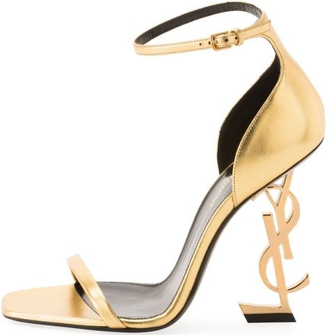 Gold Opyum YSL Logo-Heel Sandals Luxury Gold Heels, Gold Ysl Heels, Prom Shoes Gold, Gold Heels Wedding, Gold Heels Prom, Gold Sandals Heels, Glamourous Heels, Prom Inspo, Ysl Heels