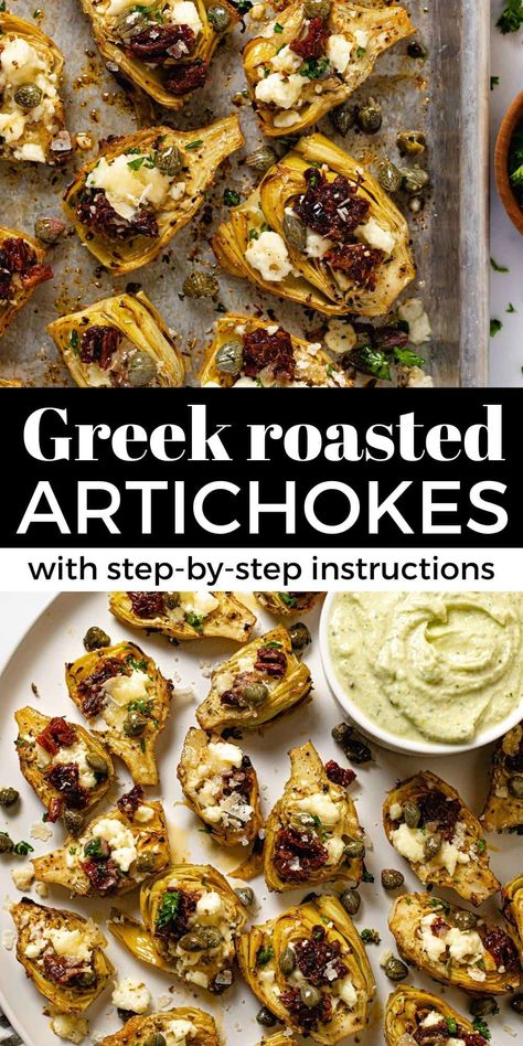 Simple Mediterranean Roasted Artichokes Roasted Artichoke Salad, Mediterranean Diet Artichoke Recipes, Mediterranean Salad With Artichokes, Recipes Using Artichokes, Mediterranean Artichoke Recipes, Greek Artichoke Recipes, Mediterranean Starters, Mediterranean Hors D’oeuvres, Mediterranean Roast