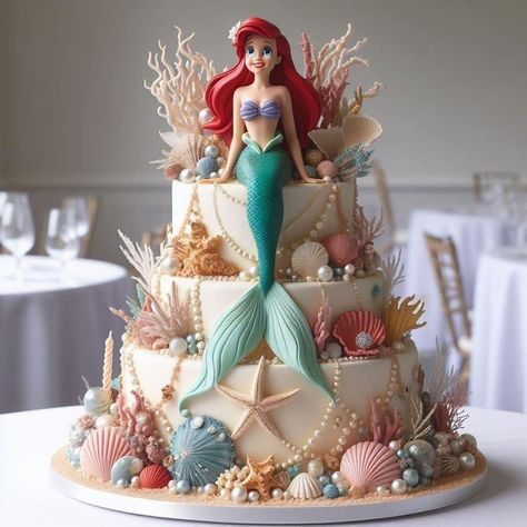 Prettiest Birthday Cakes, Disney Birthday Cakes Simple, Ariel Bday Cake, Birthday Cake Ariel Mermaid, Ariel Party Decorations, Cake Ariel Mermaid, Baby Ariel Birthday Party, Disney Cakes For Adults, Ariel Birthday Party Cake