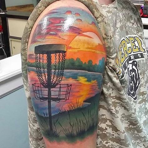 Disc Golf Tattoo Ideas, Disc Golf Tattoo, Disc Golf Art, Golf Tattoo, Outdoor Tattoo, Disc Golf Basket, Disc Golf Gifts, Golf Wedding, Nature Tattoo Sleeve