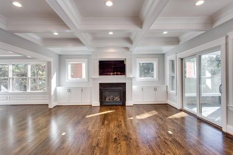 Modern Coffered Ceiling, Trim Ceiling, Cathedral Ceiling Living Room, Waffle Ceiling, Box Beam Ceiling, Box Ceiling, Ceiling Trim, Shiplap Ceiling, Glass Barn Doors