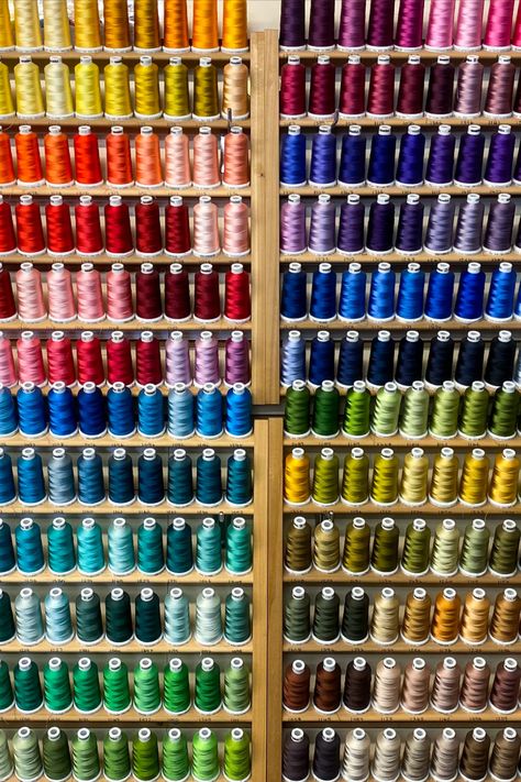 WALL FULL OF EMBROIDERY THREADS Thread Display Ideas, Tailoring Materials Images, Embroidery Shop Display Ideas, Embroidery Organization Storage Ideas, Embroidery Room Ideas, Embroidery Craft Room, Thread Storage Ideas, Thread Display, Embroidery Thread Storage