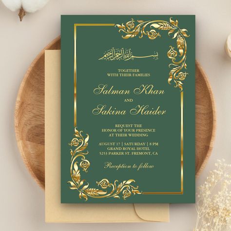 Green White And Gold Wedding Invitations, Pakistani Invitations Cards, Wedding Card Design Handmade, Wedding Card Design Pakistani, Invitation Card Design Green, Islamic Wedding Invitations Template, Muslim Wedding Invitation Card Design, Green Wedding Cards, Green Nikkah