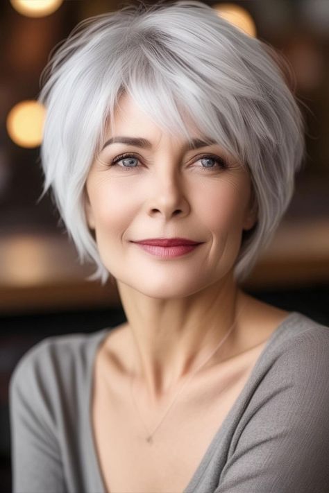 Short Greying Hairstyles, Bob Haircut From The Back, Pixie Fine Hair Over 50, Grey Short Hairstyles, Pixie Haircut White Hair, Short Hairstyle Women 60 Years Old, Hair Styles Over 70, White Pixie Haircut, 60 Hairstyles