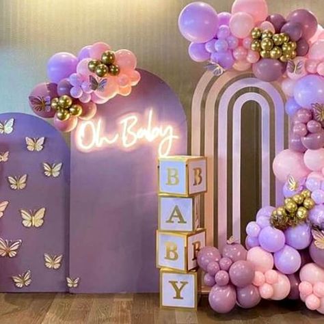 Baby Shower Purple And Gold, Enchanted Theme Baby Shower Ideas, Purple And Yellow Baby Shower Ideas, Purple And Gold Baby Shower Ideas, Lavender Butterfly Baby Shower Ideas, Lavender Baby Shower Ideas, Purple Baby Shower Ideas, Purple Baby Shower Theme, Gold Baby Room