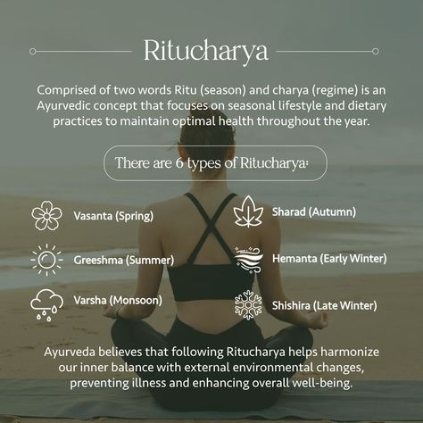 Ritucharya is a time-honored approach to health that aligns your lifestyle and diet with the changing seasons, promoting year-round well-being. Discover the six Ritucharya types, each tailored to a specific season, and learn how this ancient practice helps you maintain balance and prevent illness in every season of the year #ritucharya #livingayurveda #healthyhabits #healthyliving #amroutine #usahealth #wellnesslifestyle #routine #wellnesstips #arthbyearth Environmental Change, Daily Habits, Changing Seasons, Wellness Tips, Holistic Health, Ayurveda, Daily Routine, Healthy Habits, Well Being