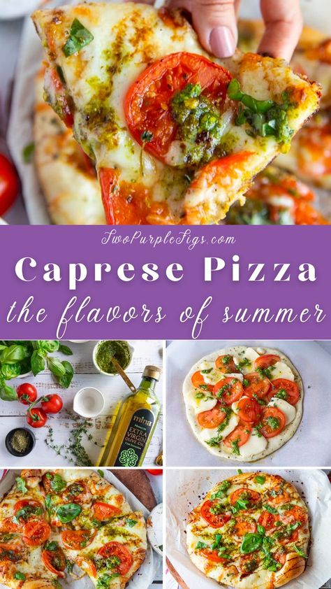 Caprese Pizza on 5 photos with cheese and tomatoes Caprese Pizza, Balsamic Drizzle, Basil Pizza, Flatbread Pizza Recipes, Mozzarella Pizza, Unique Pizza, Pizza Recipes Homemade, Flatbread Pizza, Pizza Recipes Dough