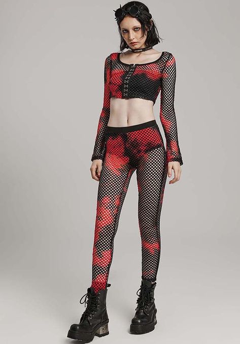 Badriyah Fishnet [Black/Red] | LEGGINGS #all #all-clothing #all-ladies Perspective Design, Red Fishnets, Thigh High Sock, Fishnet Leggings, Goth Clothing, Red Color Schemes, Knitted Design, Red Leggings, Garment Fabric