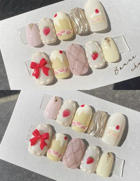 Kawaii Press On Nails, Cake Nails Design, Short Kawaii Nails, Cute Kawaii Nails, Pudding Nails, Cake Nail Art, Kitsch Nails, Dessert Nails, Cake Nails