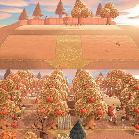 Acnh Fall Campsite, Acnh Orchard Design, Acnh Cottagecore Orchard, Acnh Fall Space Fillers, Acnh Autumncore Entrance, Apple Orchard Animal Crossing, Animal Crossing Apple Orchard, Acnh Tree Farm, Acnh Wheat Field Ideas