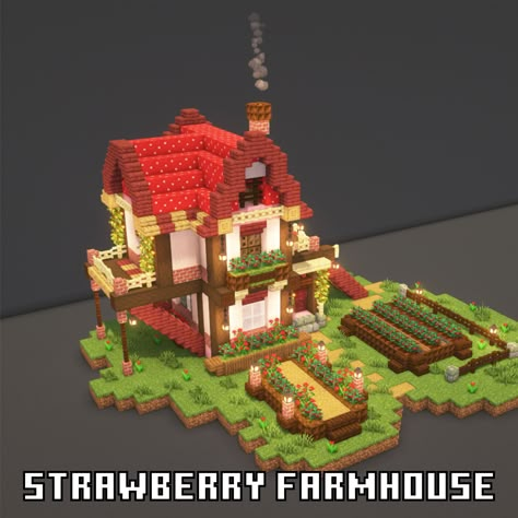 Minecraft Strawberry Farmhouse Tutorial Minecraft Cute Farmhouse, Minecraft Strawberry Build, Cute Minecraft Farmhouse, Strawberry House Minecraft, Minecraft Strawberry, Minecraft Mushroom Builds, Minecraft Farmhouse Ideas, Strawberry Minecraft, Farmhouse Minecraft