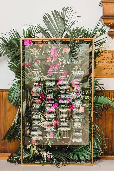 Acrylic Tropical Seating Chart Wedding Inspiration | Citrus Press Co Tropical Seating Chart, Tropical Wedding Theme, Tropical Wedding Decor, Pallet Wedding, Flowers And Greenery, Tropical Home Decor, Hawaiian Wedding, Tropical Theme, Salou