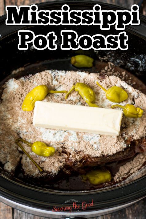 Mississippi Pot Roast (Crockpot Recipe) - Savoring The Good® Missippi Pot Roast Crockpot, Slow Cook Mississippi Pot Roast, Tennessee Pot Roast Crockpot, Texas Roast Crockpot, Crockpot Pepperchini Roast, Mississippi Crockpot Roast, Pepperoni Roast Crock Pot, Louisiana Pot Roast, Mississippi Pot Roast With Pork