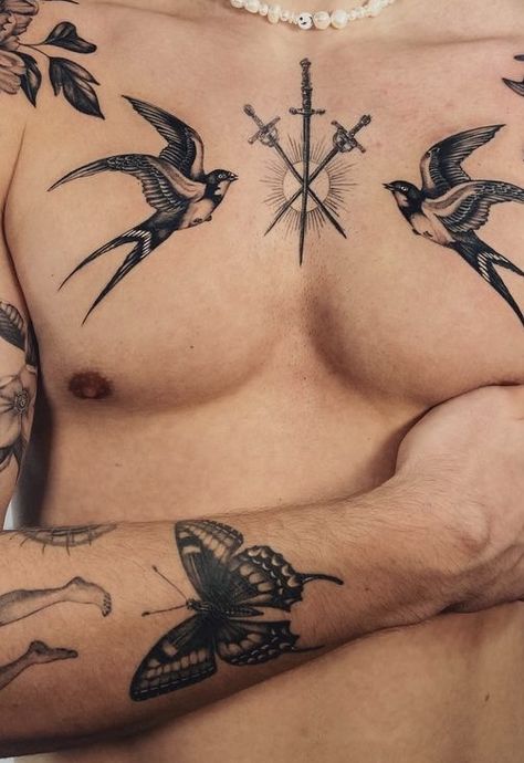 Chest Tattoo Men Ideas Geometric, Mens Upper Chest Tattoo, Cursive Chest Tattoo, Men Collarbone Tattoo, Belly Button Tattoos Men, Men’s Word Chest Tattoo, Symmetrical Chest Tattoo Men, Men’s Sternum Tattoo, Deltoid Tattoo Men