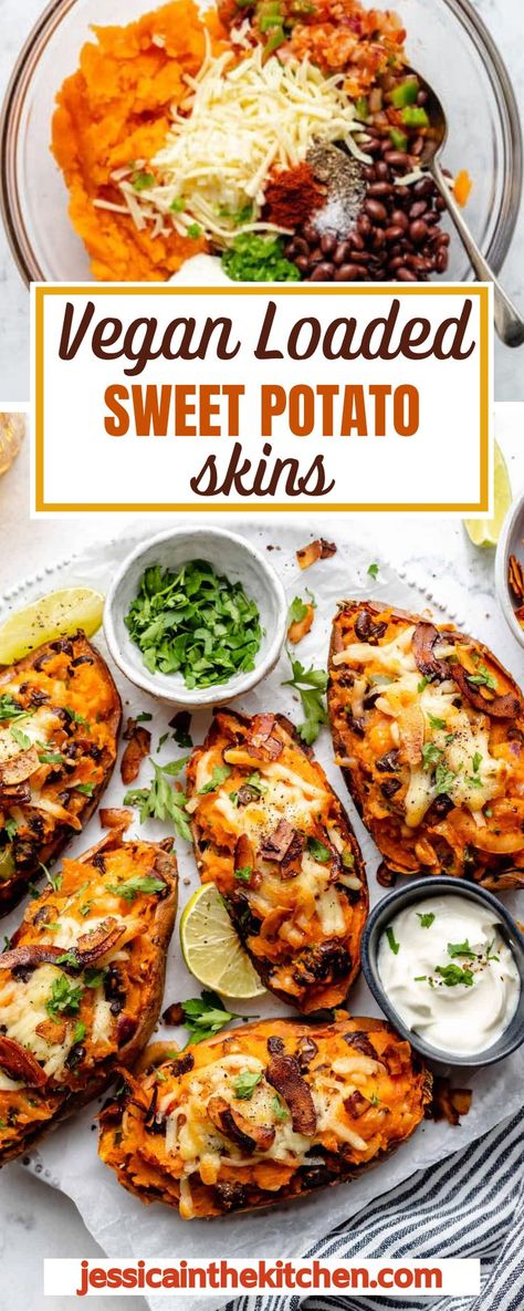 Who doesn’t love potato skins? Crispy and cheesy, need I say more? I’m here to show you a vegan sweet potato skin recipe that is just as loaded and delicious as the original, but a bit healthier. They’re super easy to make and fun to eat, and I have no doubt they’ll become one of your game day staples in no time! Stuffed Sweet Potatoes Vegan, Vegan Loaded Sweet Potato Fries, Loaded Sweet Potato Vegan, Veggie Packed Sweet Potato Boats, Stuffed Sweet Potato Dinner, Tofu Stuffed Sweet Potato, Vegan Jacket Potato Filling, Alkaline Sweet Potato Recipes, Loaded Sweet Potato Skins