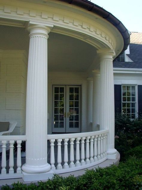 Fiberglass columns and balustrades. Small Side Porch, Front Porch Column Ideas, Porch Column Ideas, House Plans With Front Porch, House Pillar Design, Small Front Porches Designs, Front Porch Pillars, House Pillars, Porch Pillars