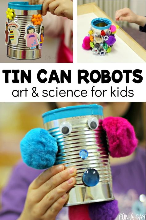 Let the kids go wild making tin can robots with simple materials from your craft stash! Perfect for your next preschool, pre-k, or kindergarten robot unit. Love the twist to make it transient art and science. Click on the Fun-A-Day.com link for all the details. Transient Art, Tin Can Robots, Robots Art, Robot Theme, Craft Stash, Art And Science, Kindergarten Art, Robot Art, Go Wild