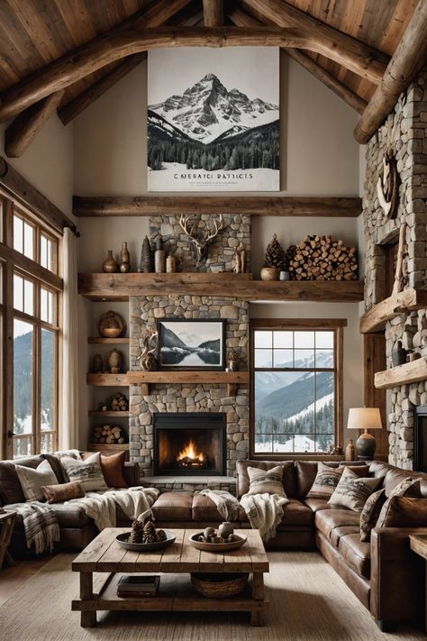 Mountain Lodge Living Room, Modern Log Home Interiors, Rustic Mountain Homes Interior, Mountain Home Living Room, Luxury Cabin Interior, Cabin Style Living Room, Lodge Interior Design, Western Interior Design, Mountain House Interior