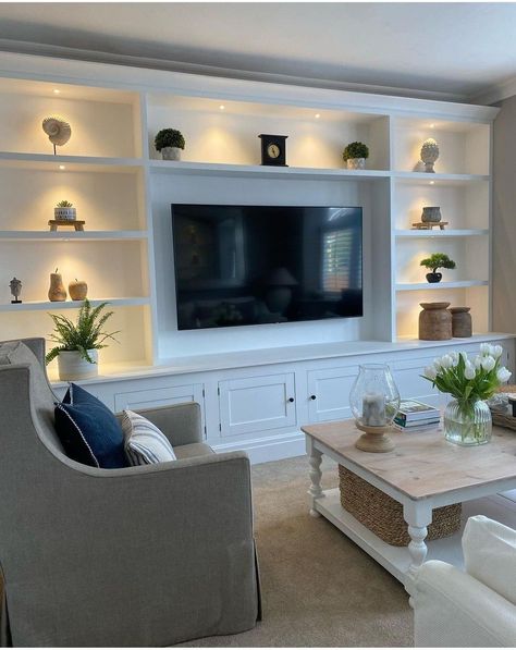 Old Built In Entertainment Center Makeover, Grass Cloth Wallpaper Built Ins, Interior Design Living Room Shelves, Built In Tv Wall Unit High Ceiling, Large Entertainment Center Living Room, Wall Bookshelves Living Room, Built In Wall Shelves Living Room, Family Room Built Ins, Tv Alcove