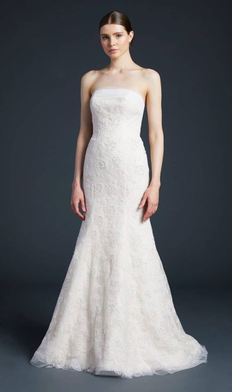 Anne Barge strapless lace wedding dress | Palladio Wedding Gowns Strapless, Classic Fit And Flare Wedding Dress, Strapless Bridal Gown, Strapless Wedding Dress With Lace, Simple Elegant Wedding Dress Lace, Wedding Dress Bandeau, Wedding Dresses Strapless Straight Across, Wedding Dress Texture, Strapless Wedding Dress With Lace Sleeves